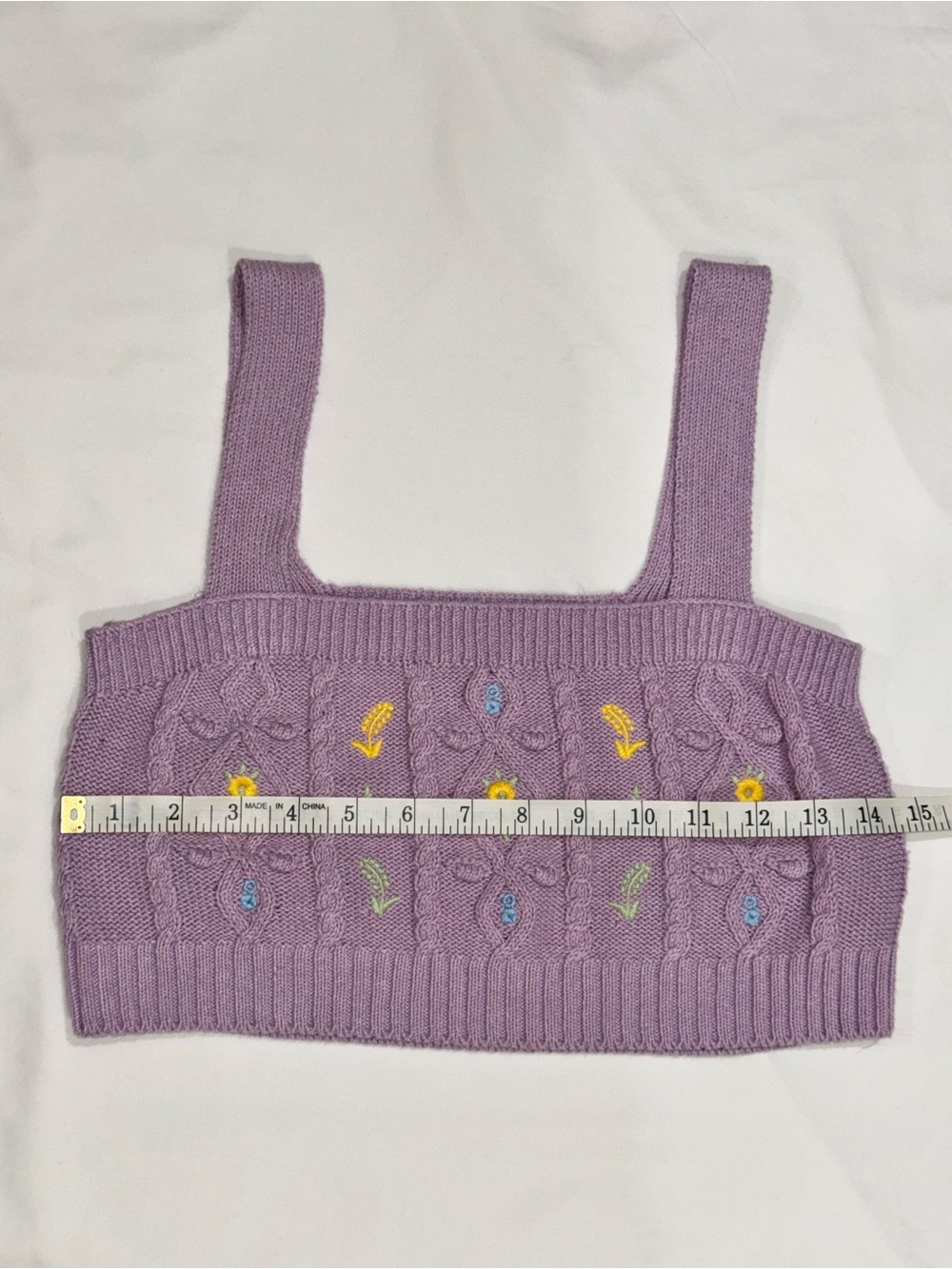 ZARA Lilac Cable Knit Cropped Sweater Tank Embroidered Flowers Boho Cottagecore - Picture 6 of 7